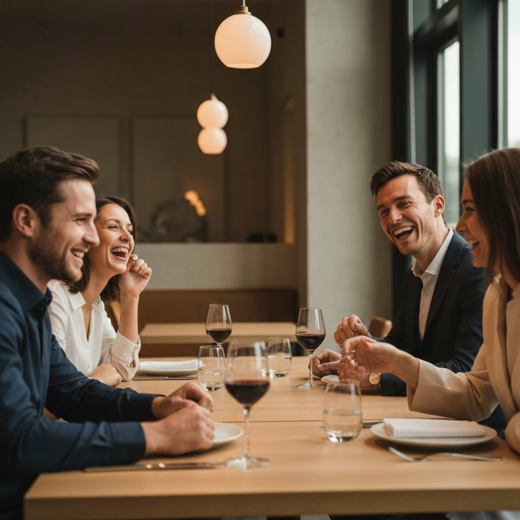 A group of friends laughing together at a restaurant table, sharing a meal. The lighting is warm and inviting, highlighting the expressions of joy and camaraderie. The focus is on the positive interactions and shared experience.