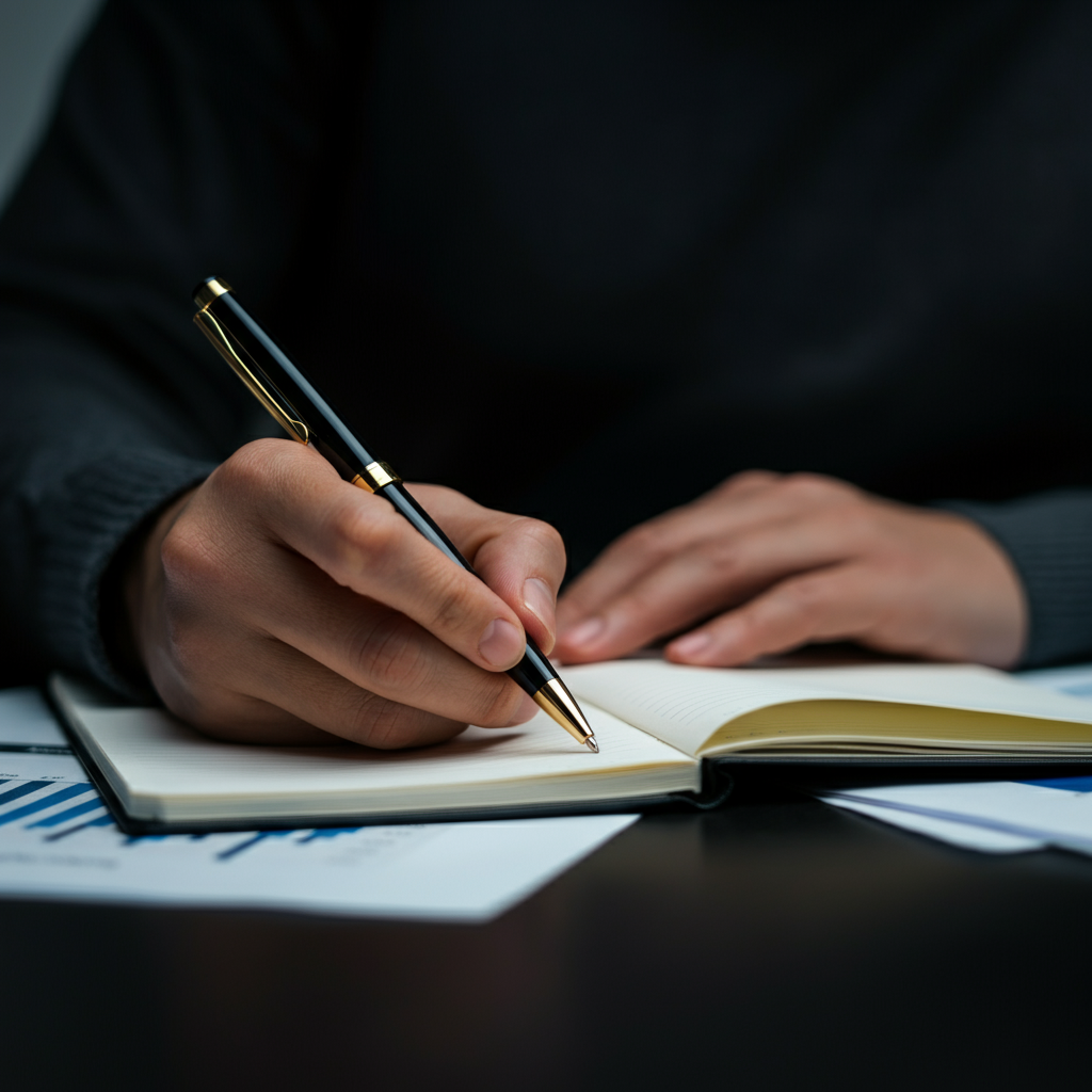 Close-up shot of a hand writing down numbers on a notepad with a pen. Soft, natural lighting, slight bokeh effect on the background which shows a desk with financial papers.