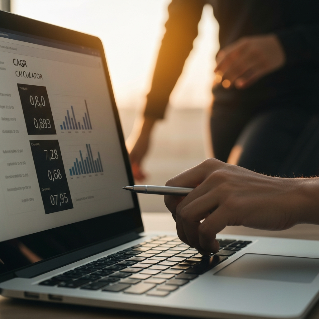 A person entering numbers into an online CAGR calculator on a laptop. Screen is slightly blurred, but the hand is in focus. Natural window light reflecting on the laptop screen.