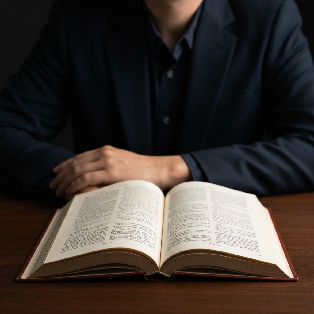 Close up, professional studio shot of an open, well-worn dictionary resting on a dark wood table. Soft side lighting highlights the paper texture and the crisp font.