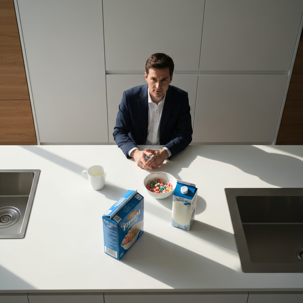 Aerial view of a brightly lit kitchen counter with a box of colorful cereal, a carton of milk, and a bowl. Soft focus on the background.