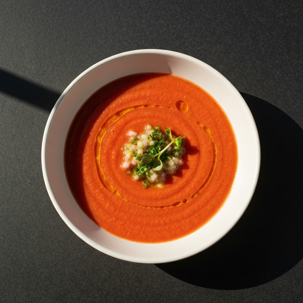 Professional food styling shot of a vibrant bowl of gazpacho, garnished with fresh herbs and a drizzle of olive oil. Natural sunlight creates subtle highlights.