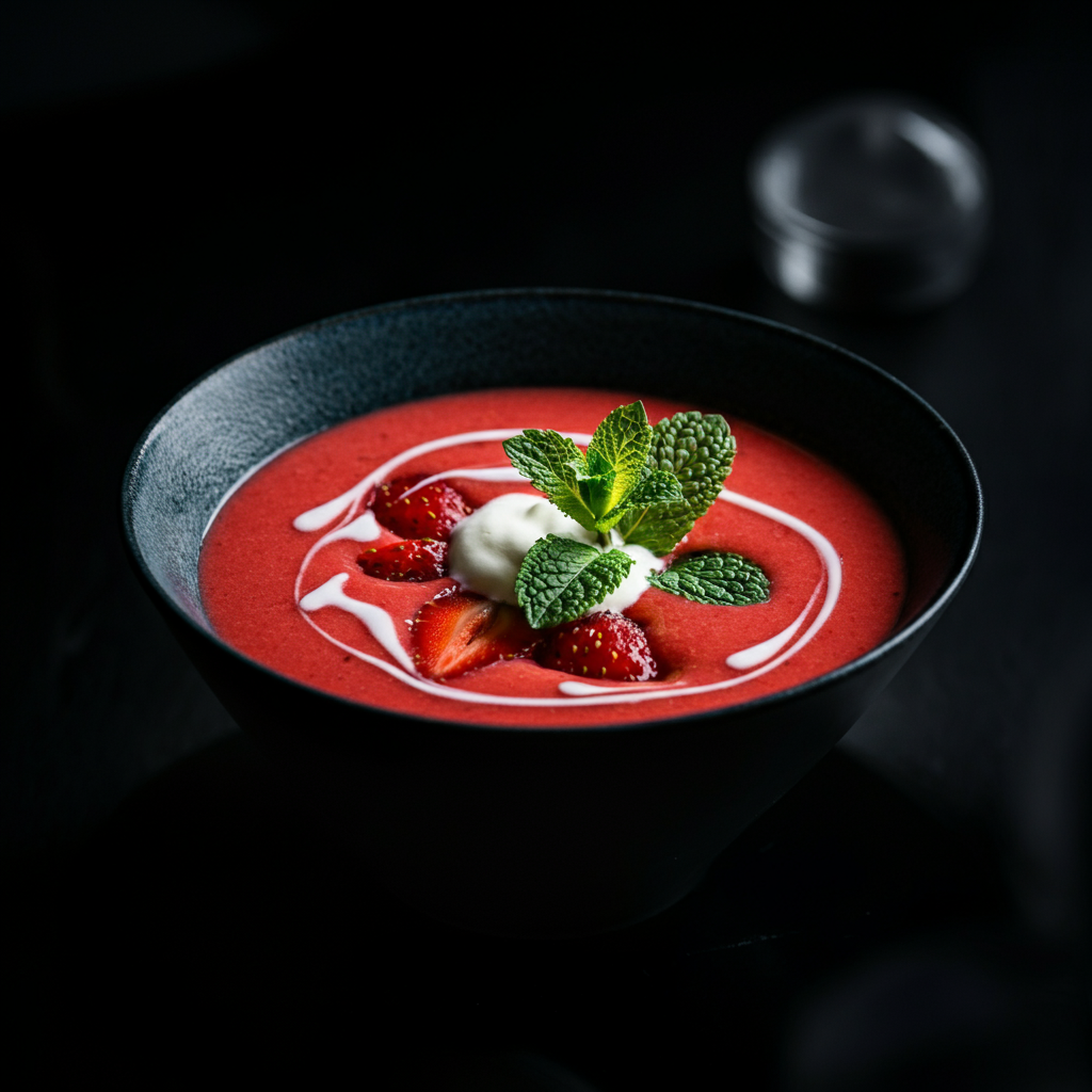 Close-up shot of a bowl of chilled strawberry soup, garnished with mint leaves and a dollop of whipped cream. Soft bokeh in the background.