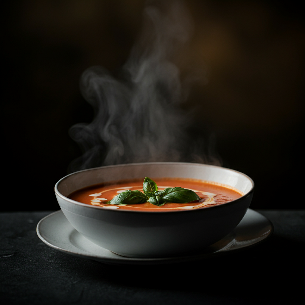 Steam rising from a bowl of creamy tomato soup, garnished with fresh basil. The background is blurred, emphasizing the texture of the soup.