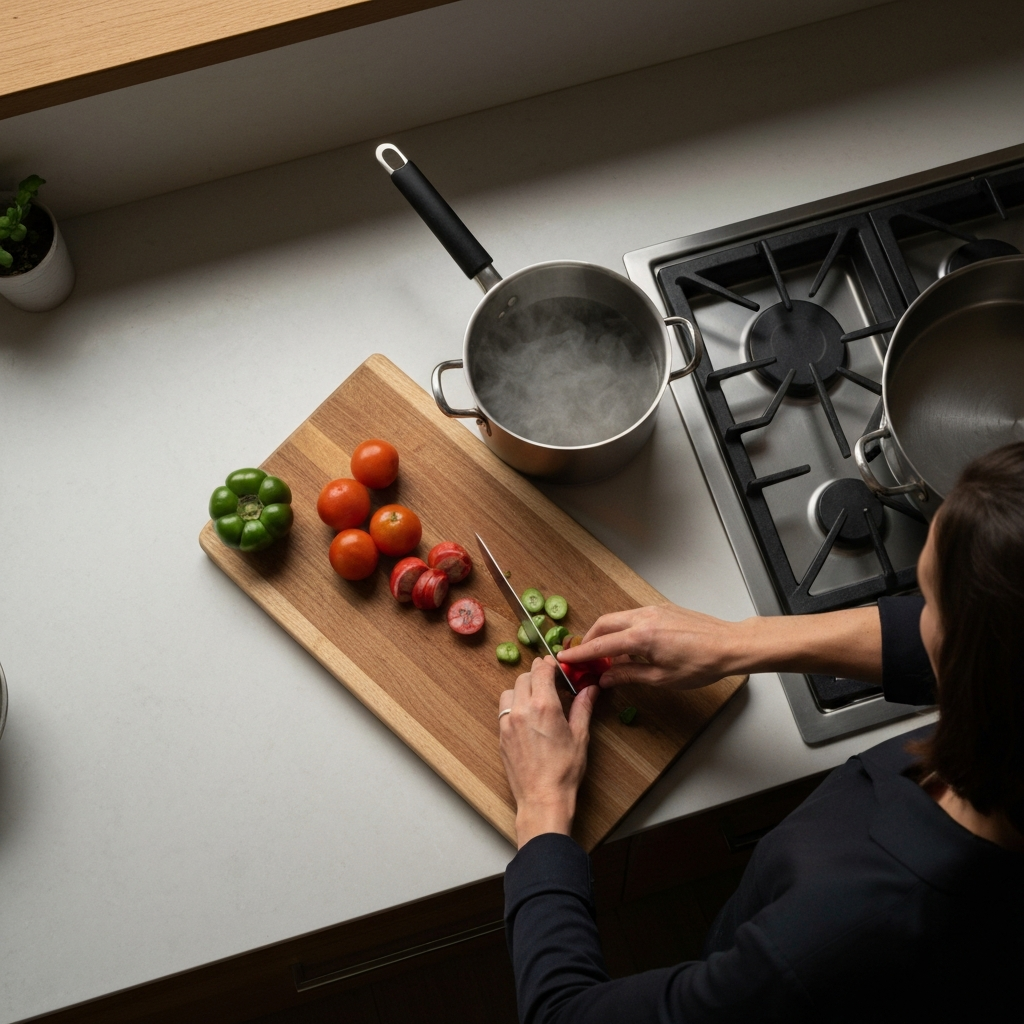 Overhead shot of hands chopping vegetables on a wooden cutting board, with a pot simmering on the stove in the background. Warm, inviting kitchen lighting.