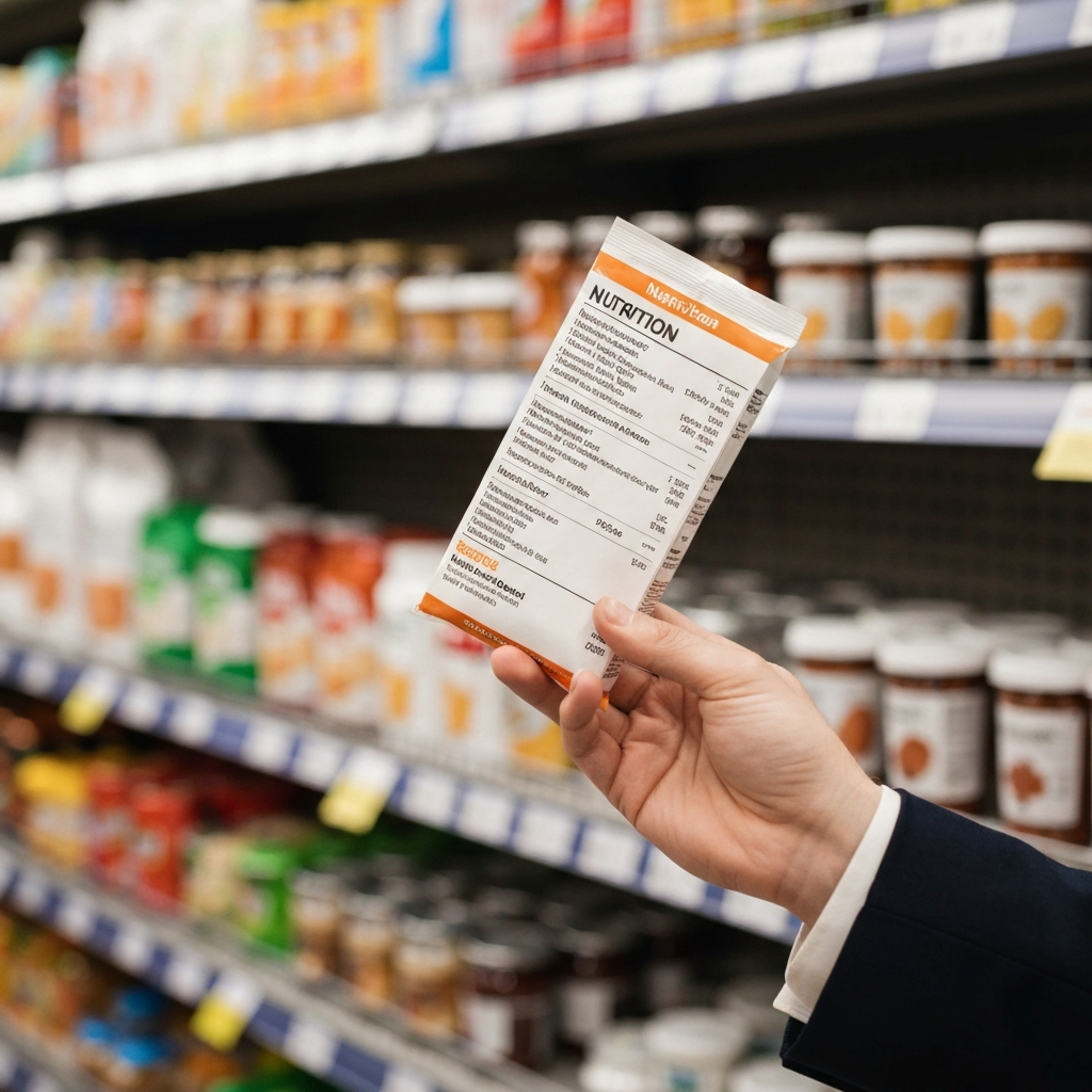 Close-up shot of a hand holding a nutrition label, soft focus on the background grocery store shelves.
