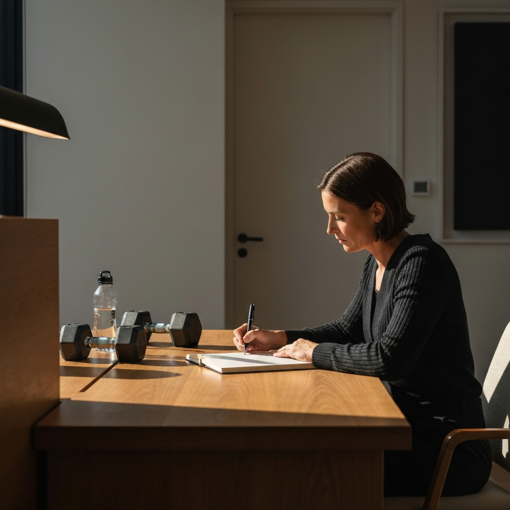 A person writing in a journal at a wooden desk, with dumbbells and a water bottle subtly in the background, bathed in warm, indirect sunlight.
