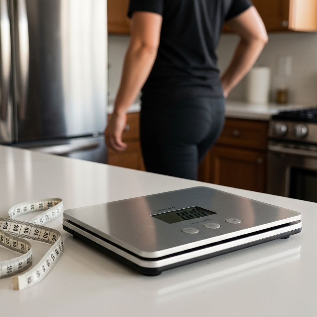 A digital scale displaying body weight, with a measuring tape draped around it, placed on a clean, white countertop in a modern kitchen with stainless steel appliances in soft focus.