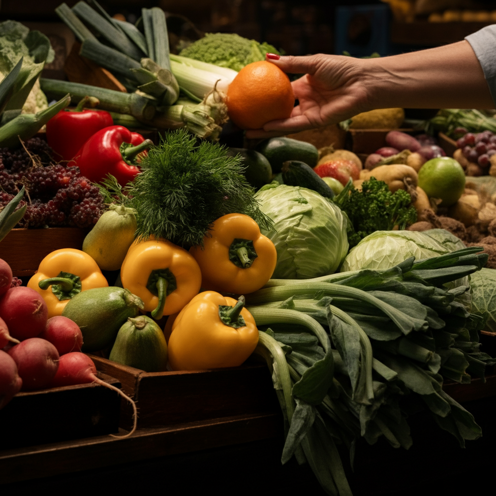 A vibrant display of fresh fruits and vegetables at a farmer's market, with a shopper's hand selecting produce. The scene is well-lit, emphasizing the colors and textures of the food.