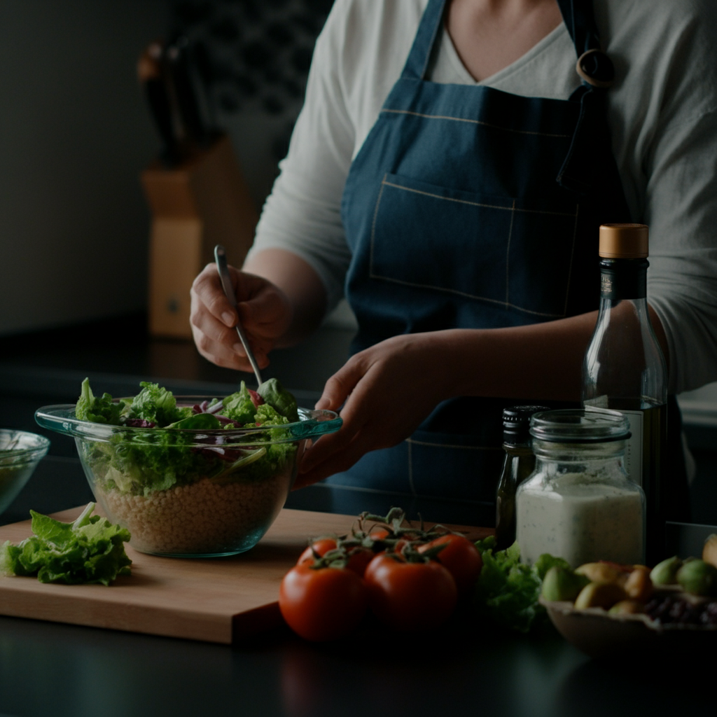 A person preparing a healthy meal in a bright, modern kitchen. The focus is on the ingredients and cooking process, with soft, natural light coming through the window.