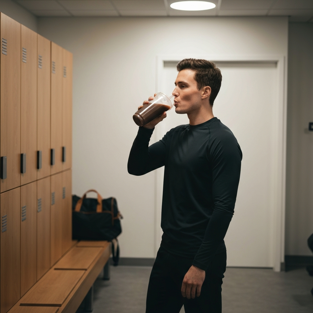 A person drinking a protein shake in a gym locker room, with their gym bag and workout equipment subtly in the background. The lighting is slightly diffused and natural.