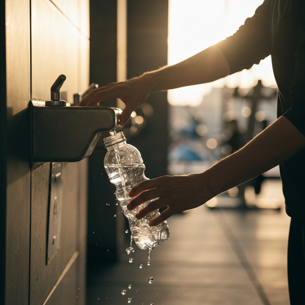 A person filling a water bottle at a water fountain in a gym. The background is slightly blurred, focusing on the water flowing into the bottle.