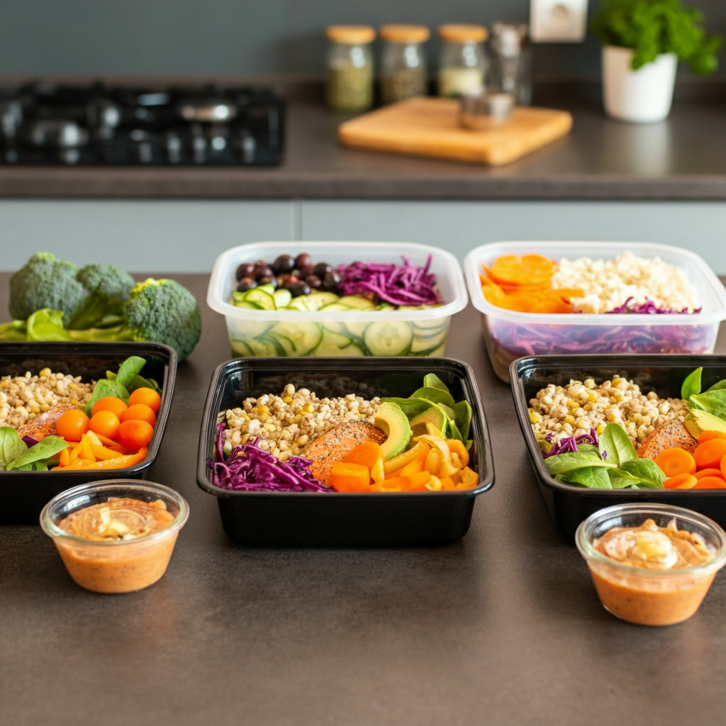 Meal prep containers filled with healthy food arranged neatly on a kitchen counter. The scene is well-organized and brightly lit, showcasing the variety of ingredients and portion sizes.