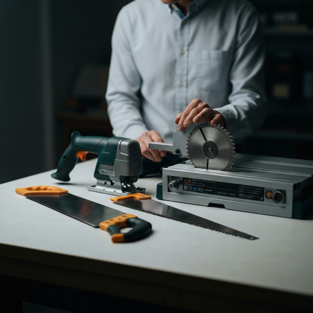 A close-up shot of three different saws – a fine-toothed hand saw, a jigsaw, and a table saw with a plastic cutting blade – arranged on a clean workbench. Soft, diffused light illuminates the tools, highlighting their textures and features. The background is slightly blurred, creating a professional product showcase effect.