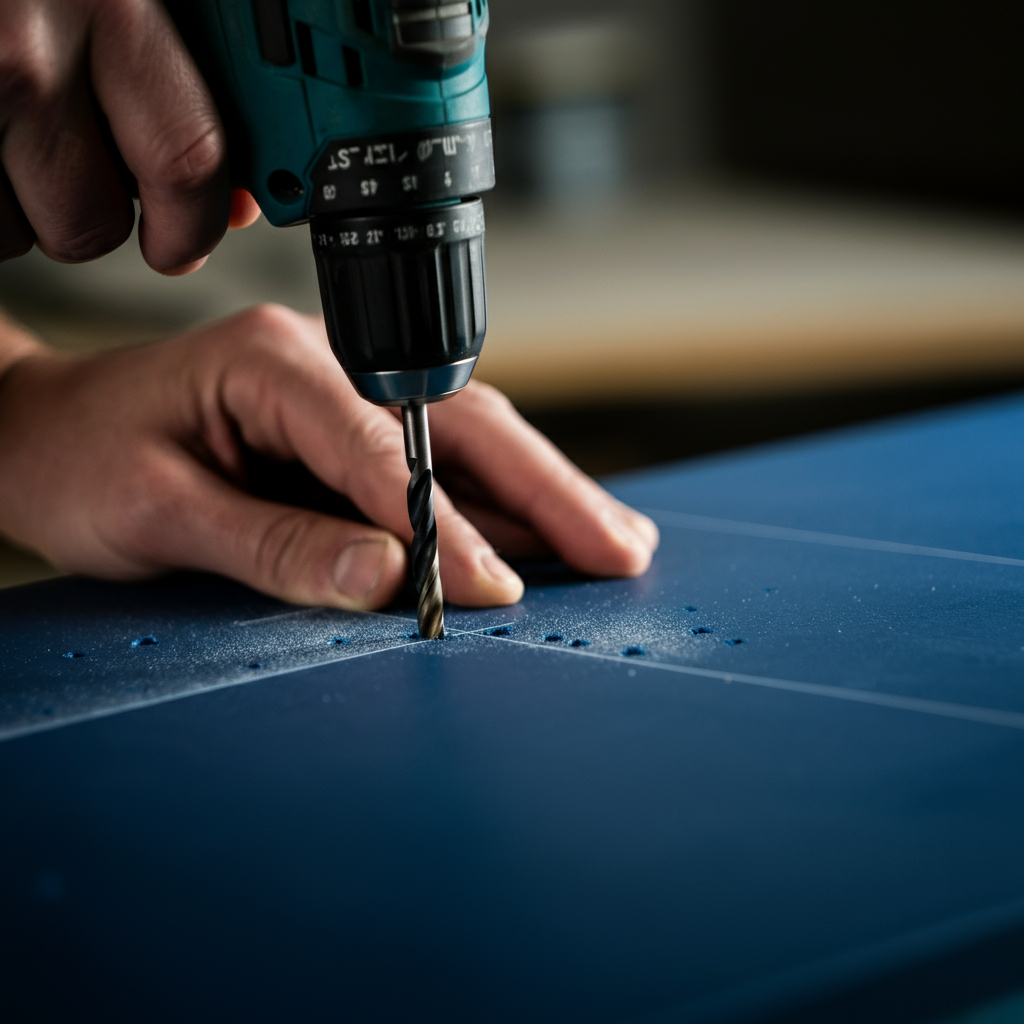A close-up shot of a hand using a power drill to drill a series of small holes along a marked line on a piece of blue plastic. The drill bit is small and sharp, and the person is wearing safety glasses. The background is slightly blurred.