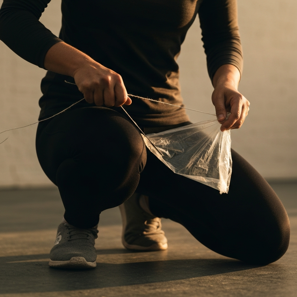 A medium shot of a person carefully slicing through a piece of plastic with a length of string. The person is holding the plastic between their knees and using both hands to guide the string back and forth. The lighting is soft and diffused, creating a calm and focused atmosphere.