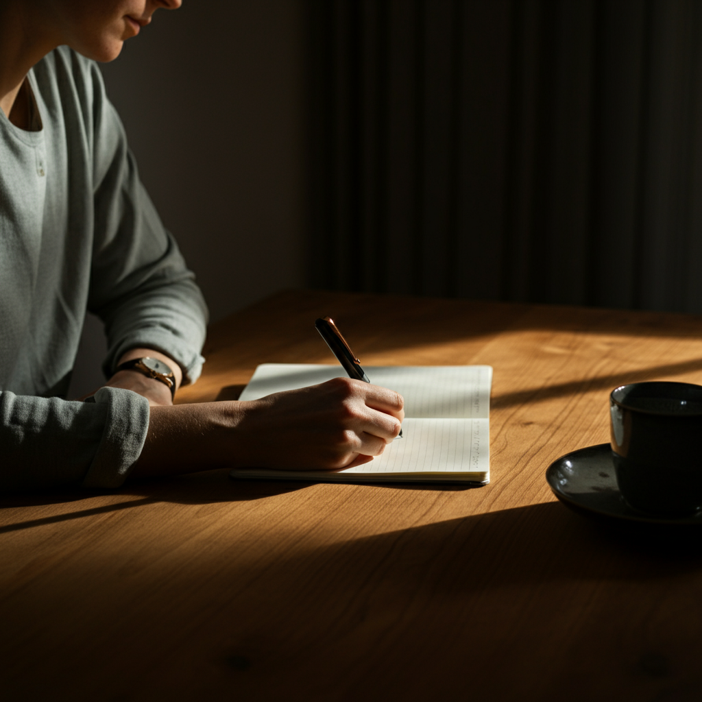 A brightly lit home office. A person is sitting at a wooden desk, looking thoughtfully at a notepad and pen. Soft, natural light streams in from a nearby window, highlighting the texture of the paper and the grain of the wood.