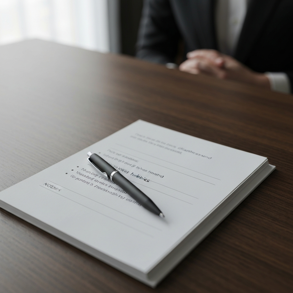 A close-up shot of a white notepad resting on a dark wood table. The notepad features a list of hobbies brainstorming with a pen lying across the top. The room is softly lit, creating a warm and inviting atmosphere. The light catches the texture of the paper.
