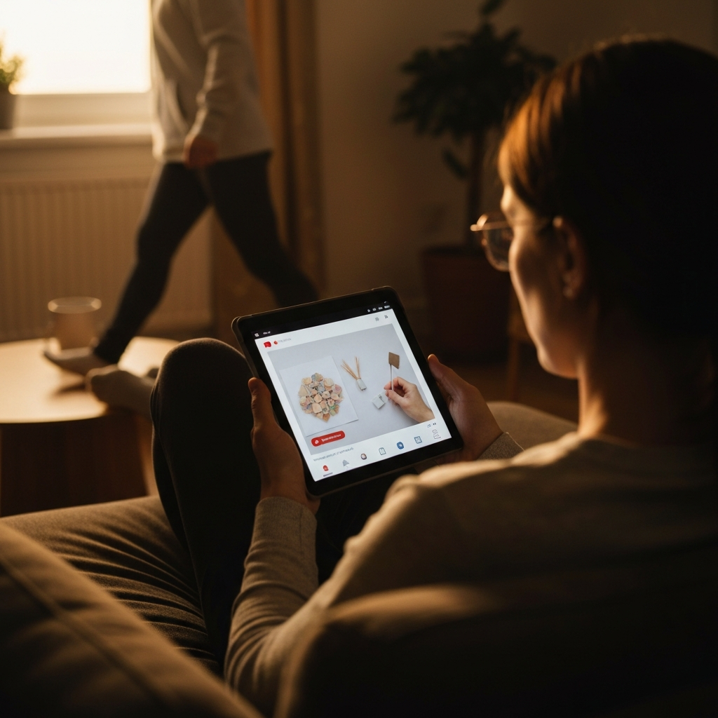 A person sitting comfortably on a sofa, using a tablet. The screen displays a craft project tutorial on YouTube. The room is illuminated by a warm, ambient light, creating a relaxed and focused atmosphere.