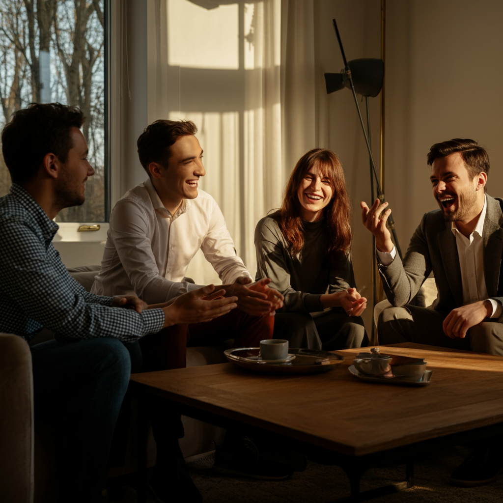 A group of four friends sitting around a coffee table in a sun-drenched living room. They are laughing and gesturing while discussing their hobbies. The natural light highlights their facial expressions and creates a warm, inviting atmosphere.