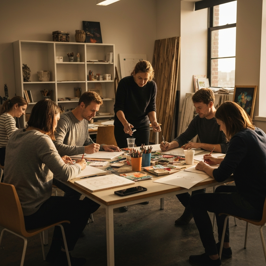 A group of people sitting at tables in a well-lit classroom, intently focused on their art projects. The instructor is standing nearby, providing guidance and encouragement. The classroom is filled with art supplies and completed projects, creating a stimulating and creative learning environment.