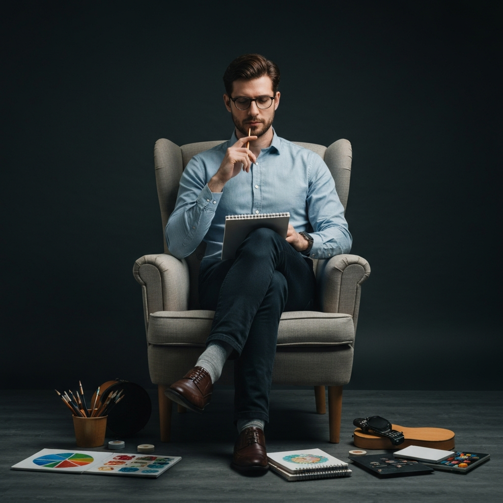 A person sitting in a comfortable armchair with a notepad on their lap, reflecting on their recent experiences with a new hobby. They are surrounded by items related to the hobby, such as art supplies or musical instruments, creating a scene of thoughtful contemplation.