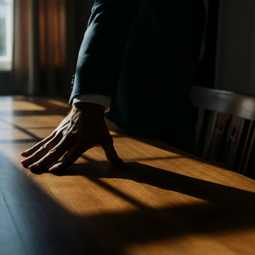 Close-up shot of a hand running across the surface of a wooden table. The hand is slightly blurred to emphasize the texture of the wood. Natural light streams in from a nearby window, creating soft shadows.