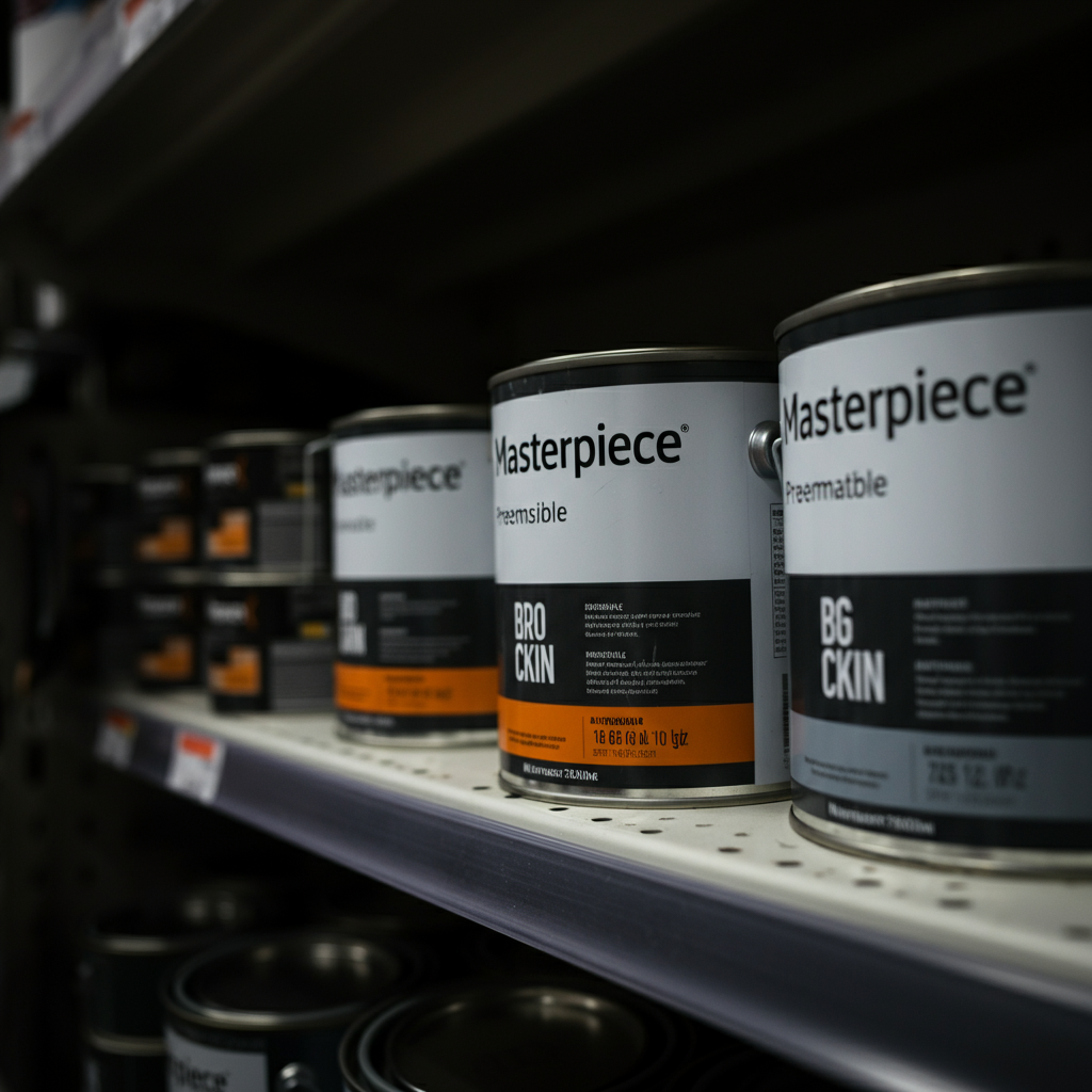 Various paint cans lined up on a shelf in a hardware store. The camera focuses on the labels, highlighting the manufacturer's instructions for surface preparation. The lighting is bright and even, showcasing the different colors and finishes of the paints.