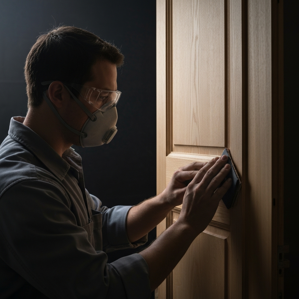 A person sanding a wooden door with a sanding block. The person is wearing safety glasses and a dust mask. The lighting is diffused and even, showing the sanding process in detail.