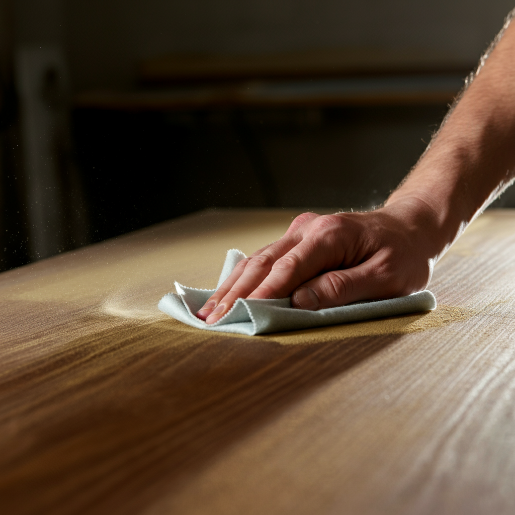 A hand wiping down a sanded wooden surface with a tack cloth. The tack cloth is picking up dust particles, leaving a clean and smooth surface behind. The lighting is side-lit to emphasize the texture of the wood.