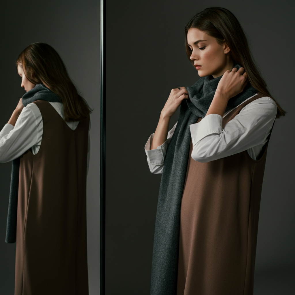 A young woman standing in front of a mirror, experimenting with different layering combinations. She is wearing a long-sleeved white shirt under a sleeveless dress, and adding a scarf to complete the look. The lighting is soft and flattering, highlighting the different textures and colors of the garments.