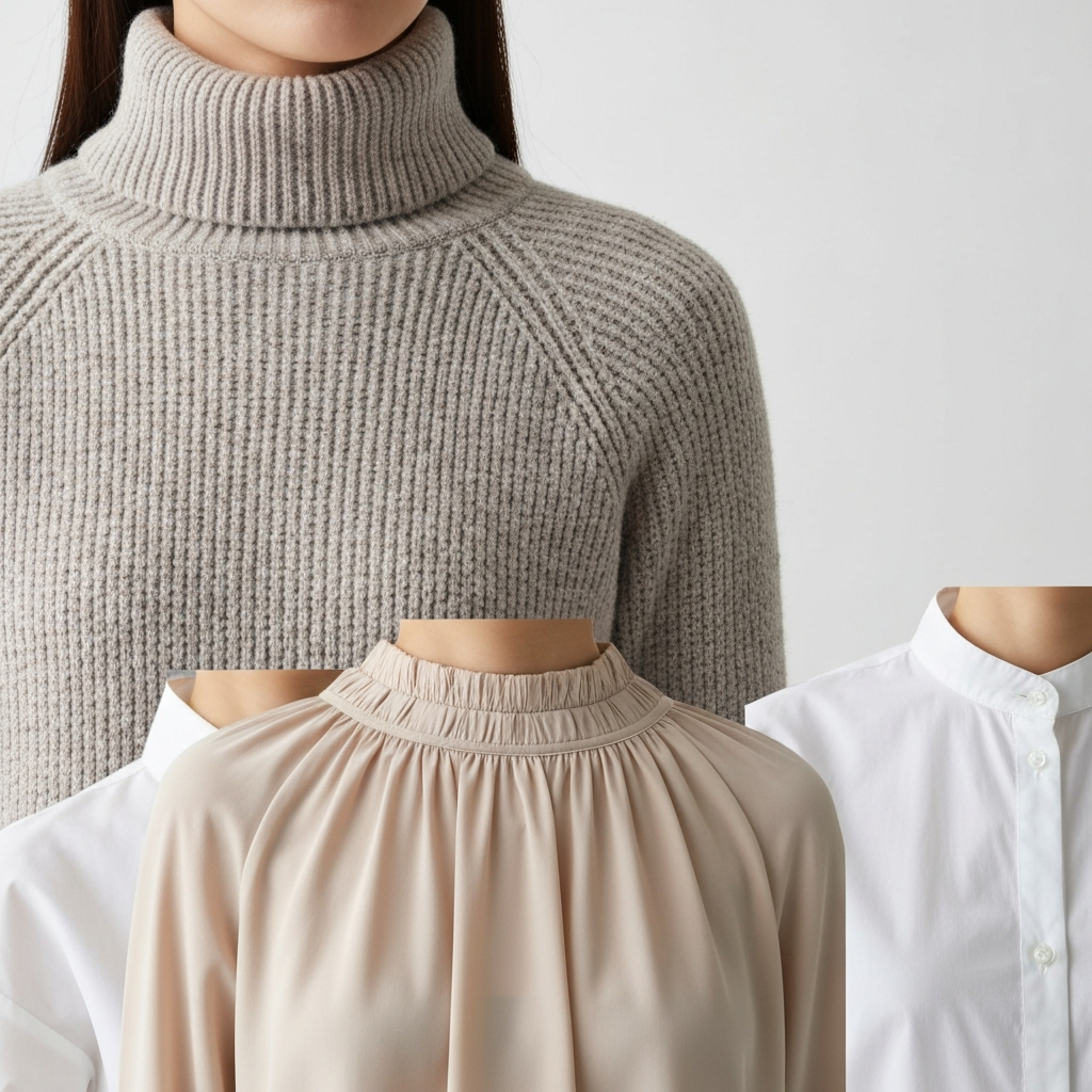 Close-up shot of several different tops with various high neckline styles - a turtleneck sweater in a soft knit, a boatneck blouse in a flowing fabric, and a mandarin collar shirt in crisp cotton. The lighting is even and highlights the details of the necklines.