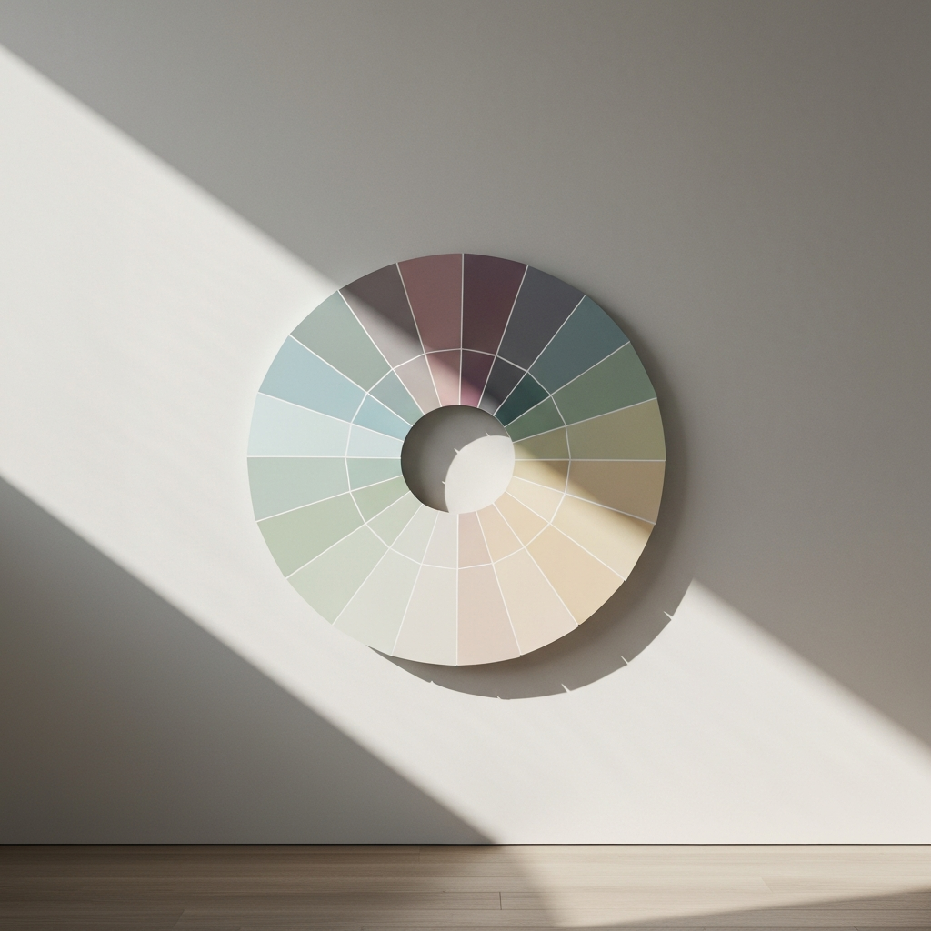 A color wheel displaying a range of muted and pastel shades, arranged in a harmonious and aesthetically pleasing manner. Soft, diffused light creates a gentle and inviting atmosphere.