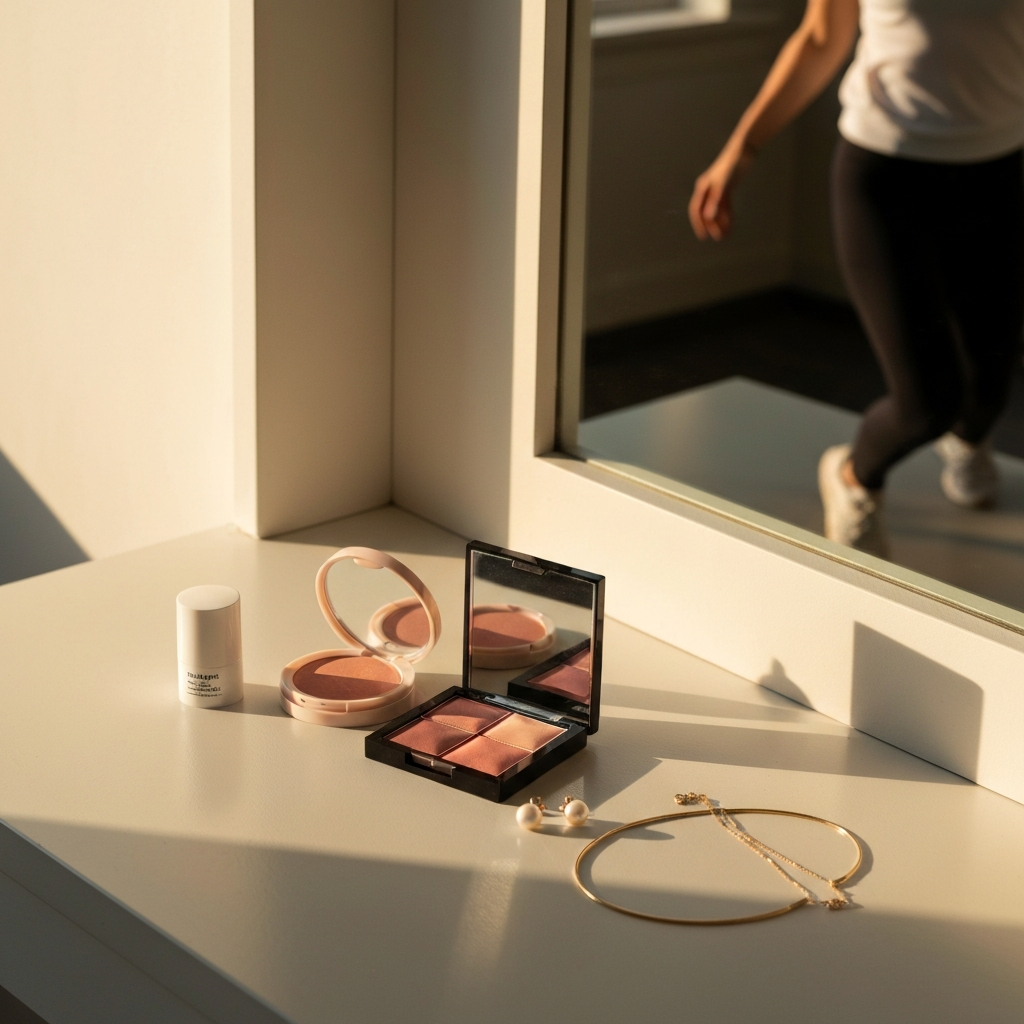 A minimalist vanity table with a few carefully selected makeup items – a tinted moisturizer, a light blush, and a natural lip balm. Next to the makeup are a few delicate pieces of jewelry – a thin gold necklace and a pair of small pearl earrings. Soft, natural light creates a clean and serene atmosphere.