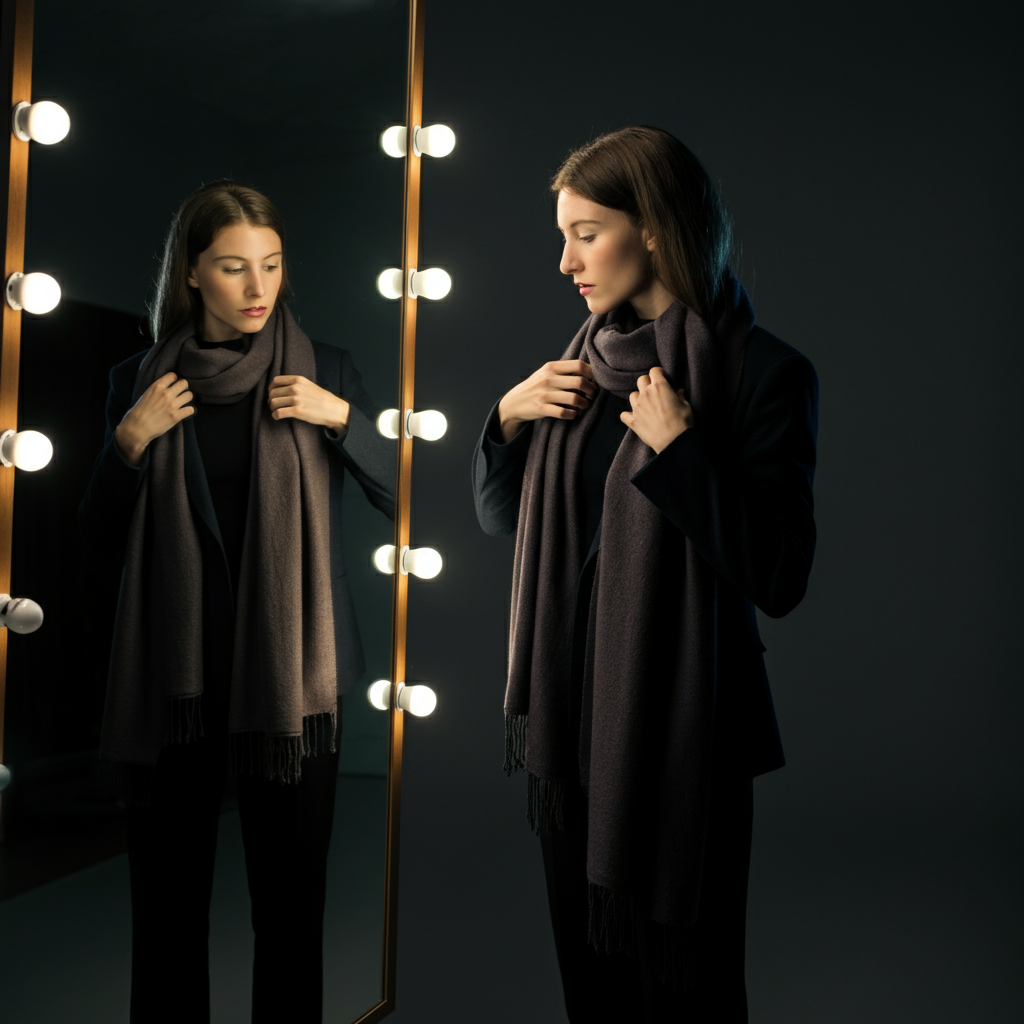 A young woman standing in front of a full-length mirror, carefully examining her outfit. She is adjusting her scarf and checking the fit of her clothing. The lighting is bright and clear, allowing her to see every detail.
