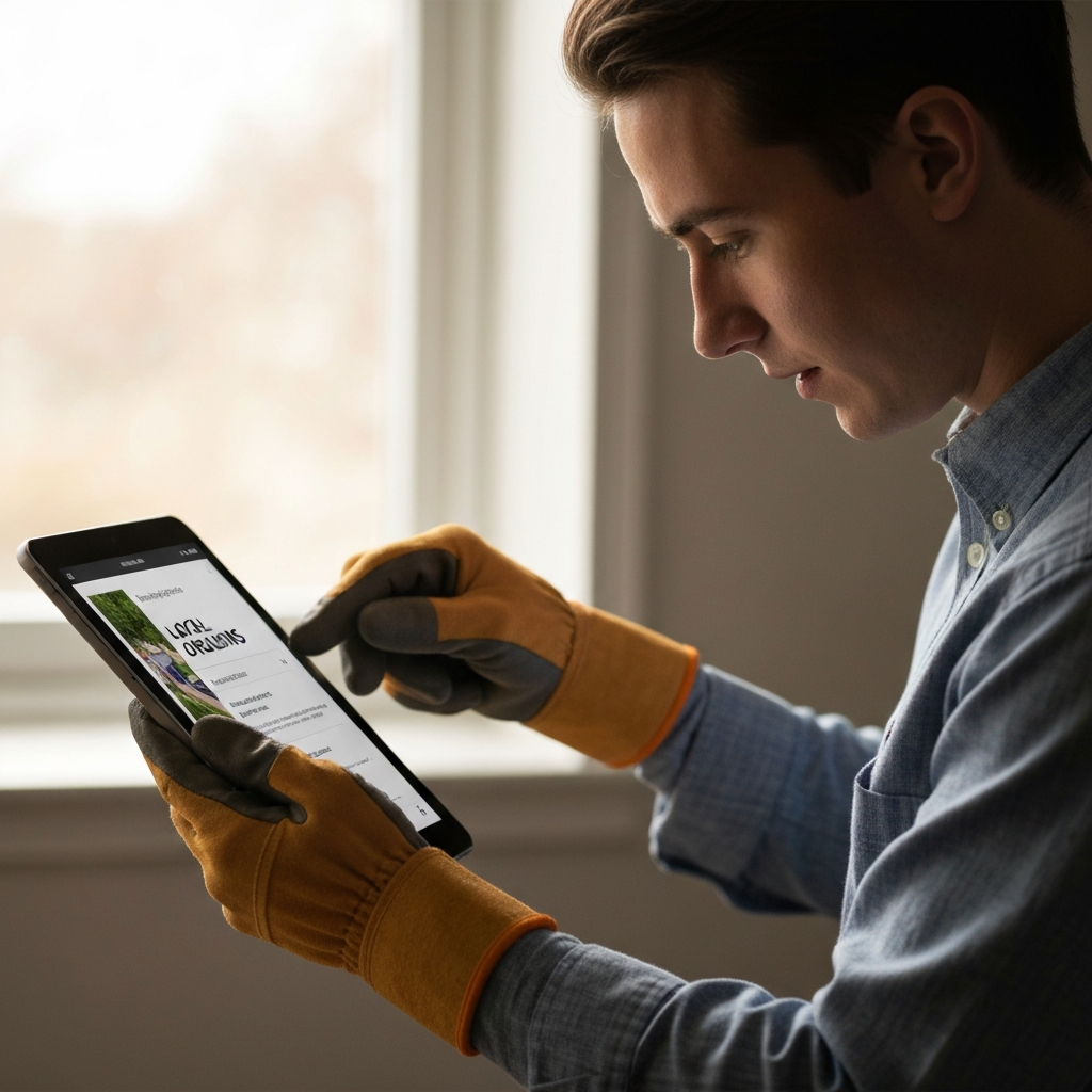 A person wearing work gloves is on the phone, looking at a tablet displaying local ordinances. Soft, diffused daylight illuminates the room.