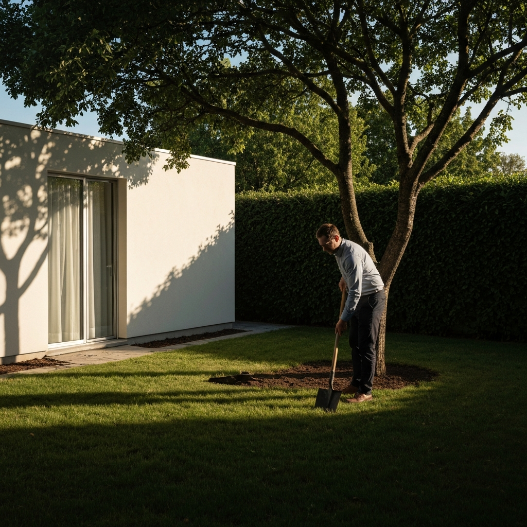 A person is carefully examining a backyard with a shovel, considering different spots under the dappled shade of a tree. The scene is shot during golden hour, casting long shadows.