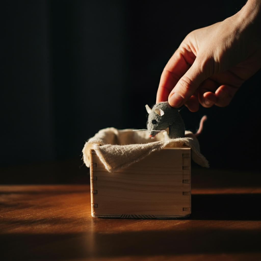 Close-up shot of a hand gently placing a cat's favorite toy mouse inside a small, unfinished wooden box lined with soft, natural cotton fabric. Side-lit with soft focus.