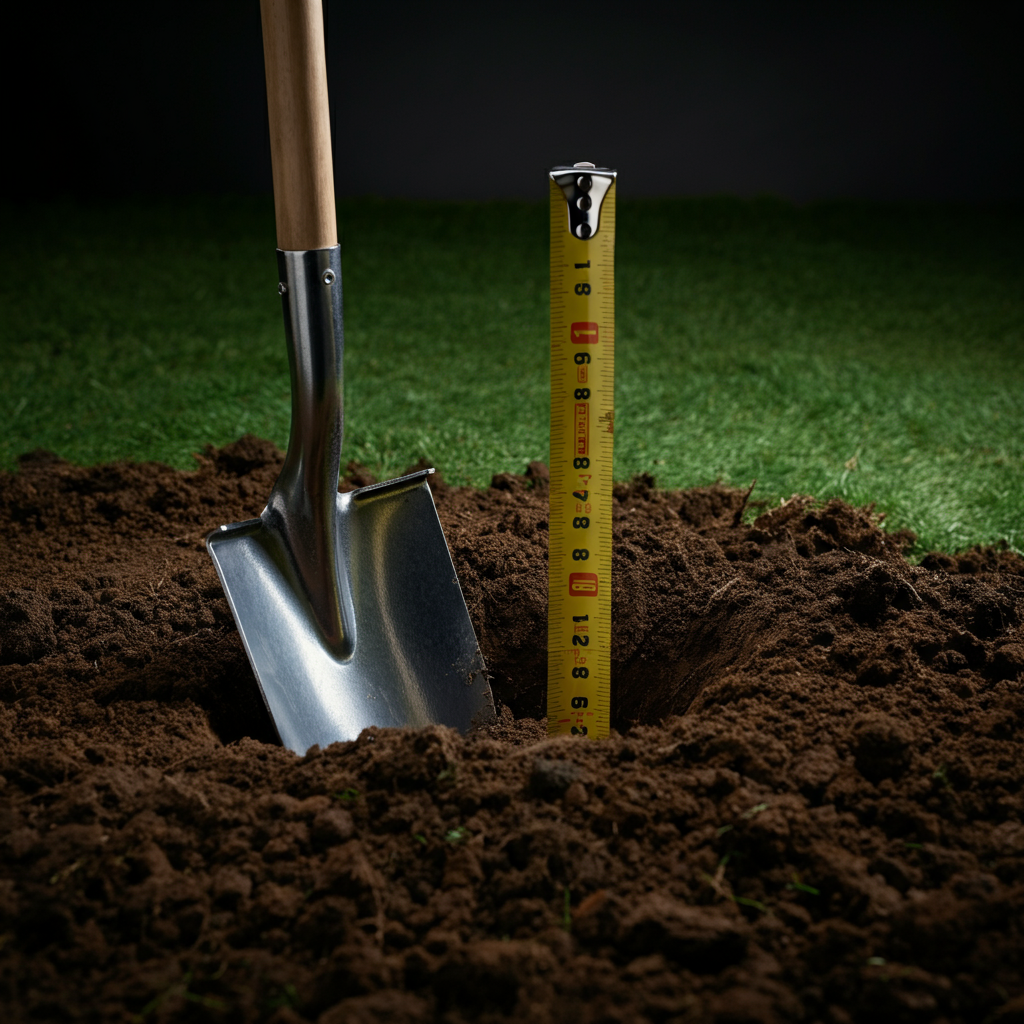 A shovel stuck in fresh turned earth, with a tape measure extended into the hole to show depth. The surrounding grass is green and healthy.