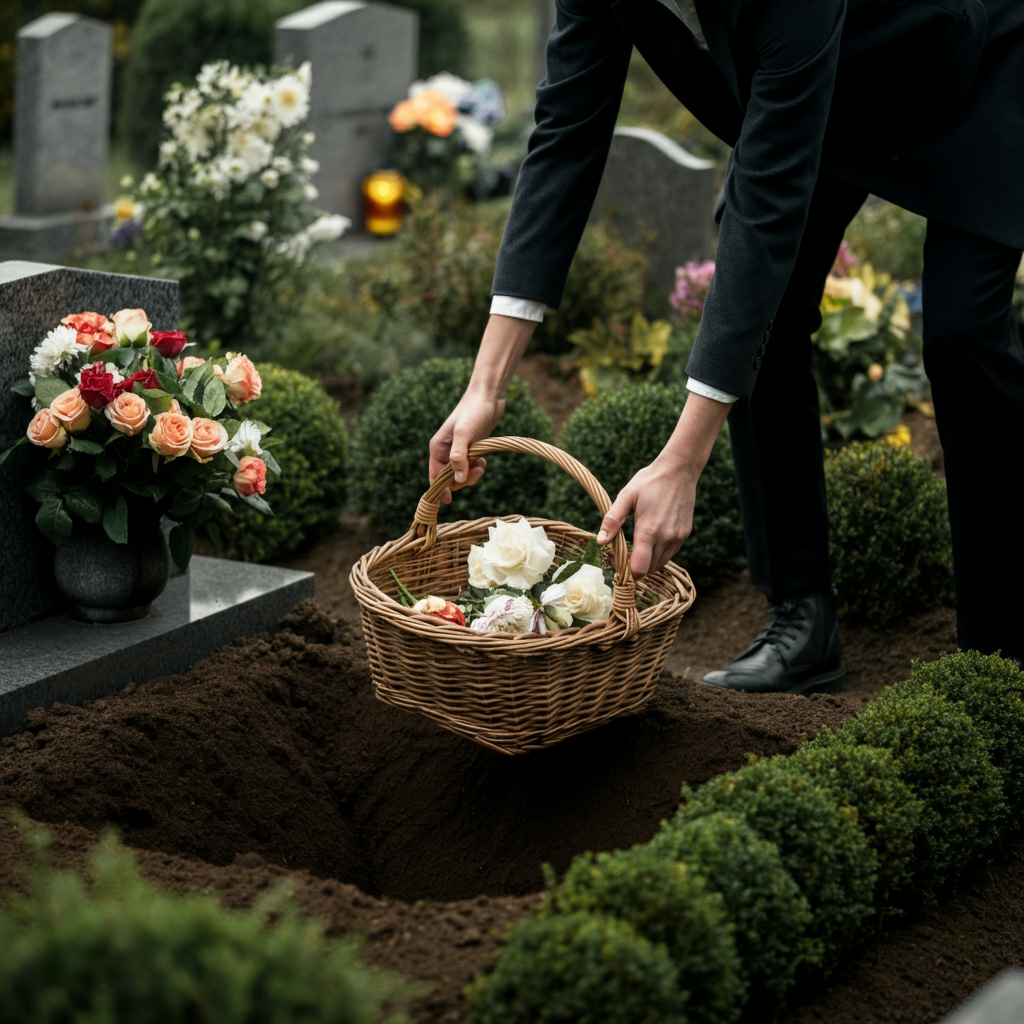 A pair of hands gently lowers a small wicker basket into a prepared grave. The surrounding area is a lush garden with various flowers.