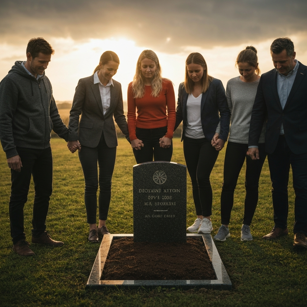A small group of people gathered around a newly marked grave, some holding hands and looking down with a mixture of sadness and fondness. Soft, overcast lighting creates a somber mood.