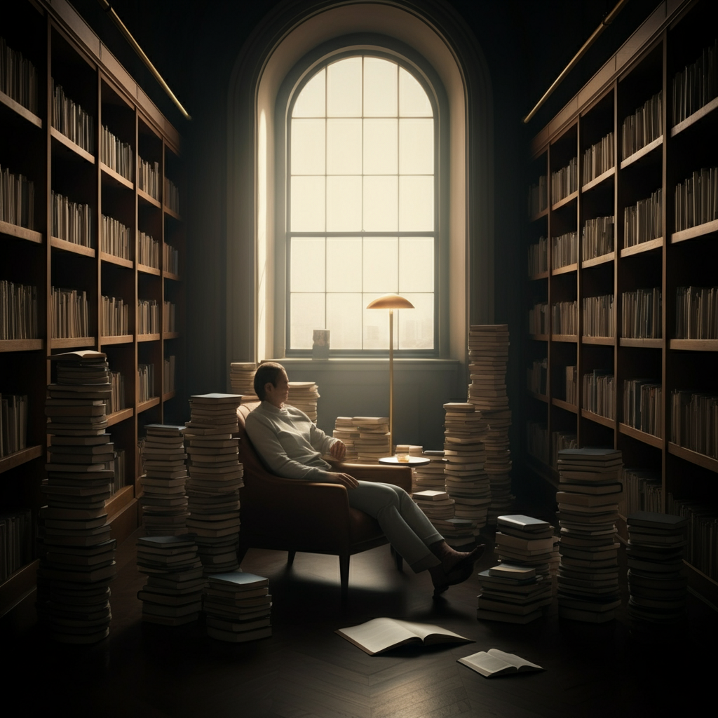 A person sitting in a comfortable armchair in a library, surrounded by stacks of books. The light filters through a large window, creating a gentle, diffused glow.