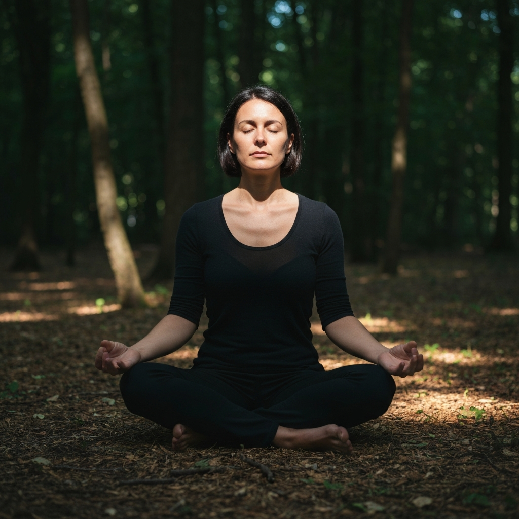 A person meditating outdoors in a peaceful forest, with dappled sunlight filtering through the trees. The scene is focused on the person's serene expression and relaxed posture.