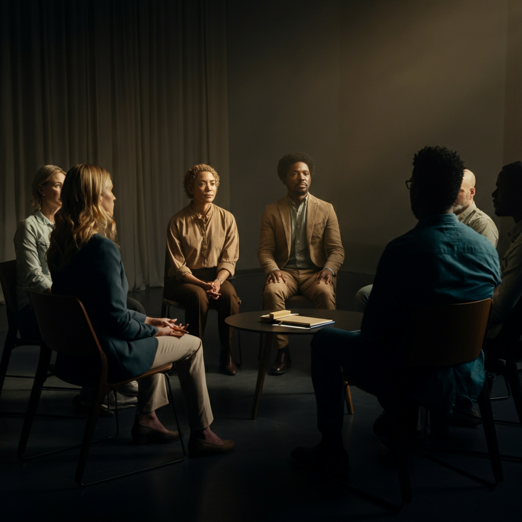 A diverse group of people sitting in a circle, engaged in a thoughtful discussion. The lighting is warm and inviting, and the atmosphere is relaxed and comfortable.