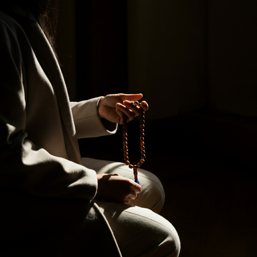 A person sitting quietly in a sunlit room, holding a string of prayer beads. The focus is on the person's hands and the tactile texture of the beads.