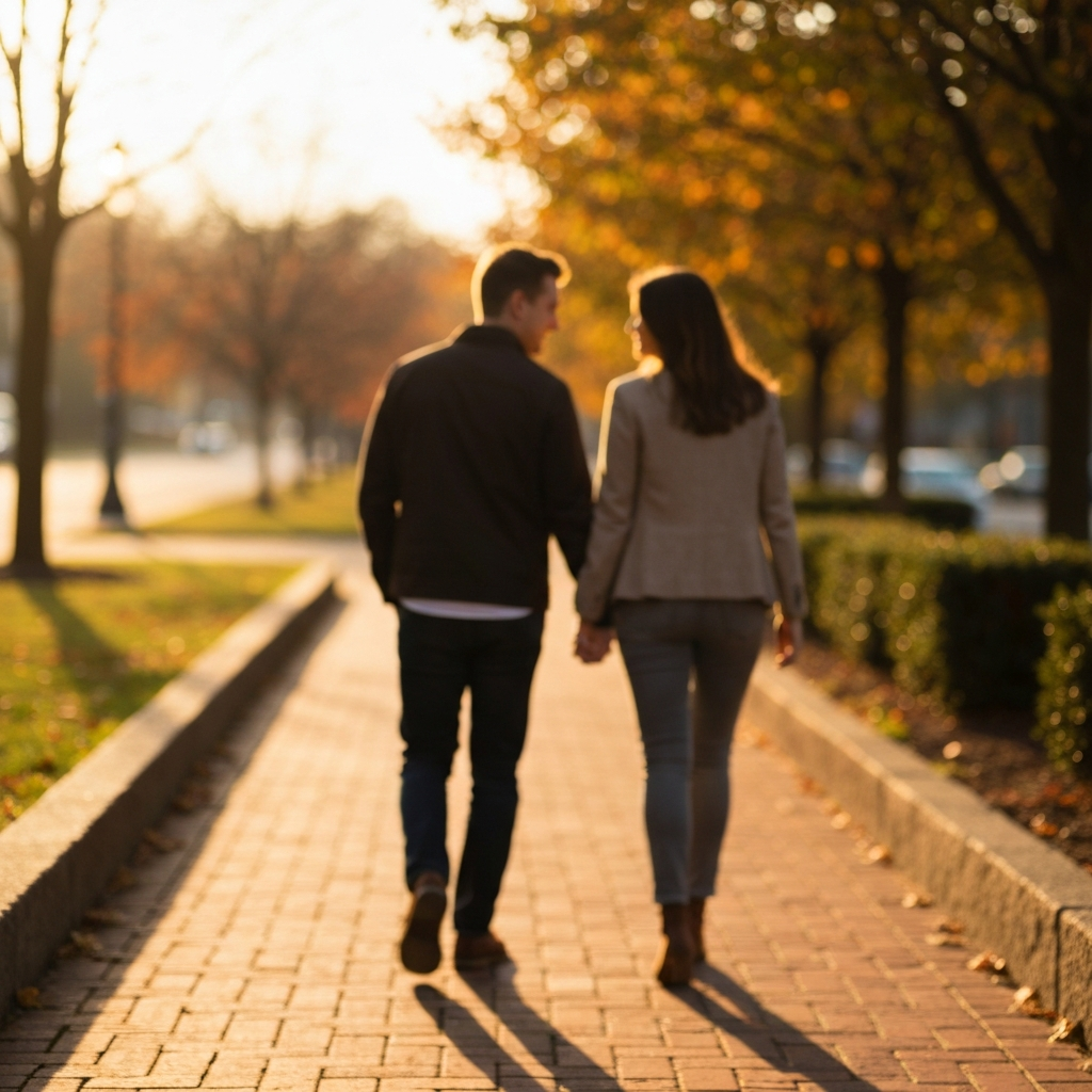 A slightly blurry image of a couple walking on a brick sidewalk in the fall. The man is about two feet ahead of the woman. Golden hour lighting creates long shadows. Soft bokeh blurs the background trees with autumn colors.
