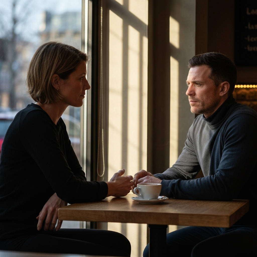 A man and a woman sitting at a cafe table, engaged in conversation. The sunlight streams through the window, illuminating their faces. Their expressions are serious but calm. The cafe has a warm, inviting atmosphere with side-lit textures.