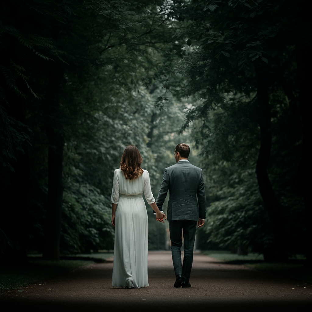 A couple holding hands, walking side-by-side through a park. Soft, diffused light filters through the trees. The pathway is lined with green foliage, creating a serene and peaceful atmosphere.