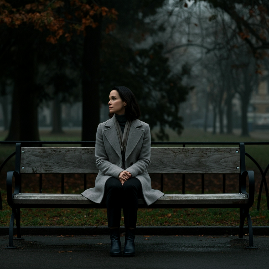 A woman sitting alone on a park bench, looking thoughtful. The lighting is muted and overcast. The scene evokes a sense of introspection and quiet contemplation.