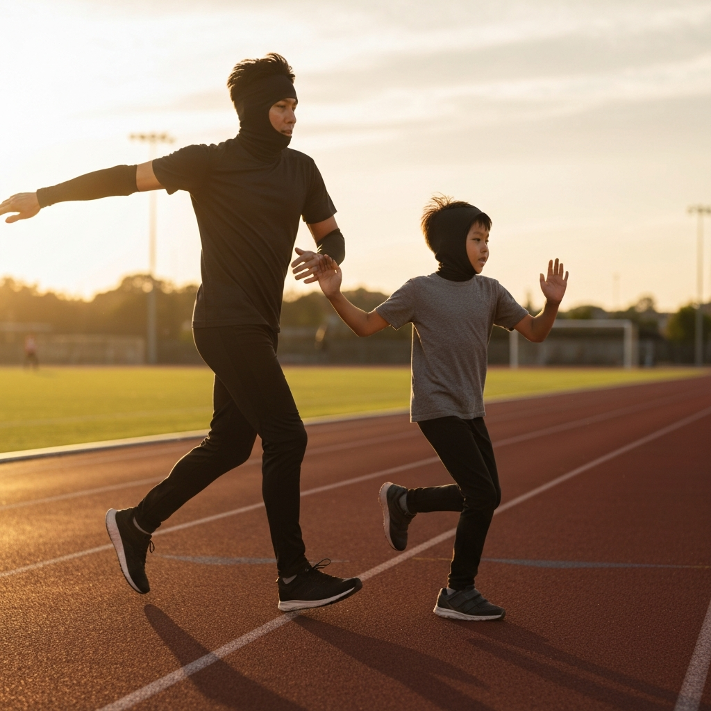 An adult and a child running side-by-side on a track. Golden hour lighting creates a warm glow. The adult is demonstrating proper arm swing technique.